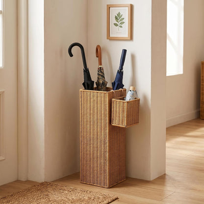 Rattan Umbrella Stand with Small Basket & Drip Tray, Umbrella Holder for Entryway, Tall Wicker Basket for Storage, Woven Organizer for Inoor, Outdoor, Home, Office, Hotel