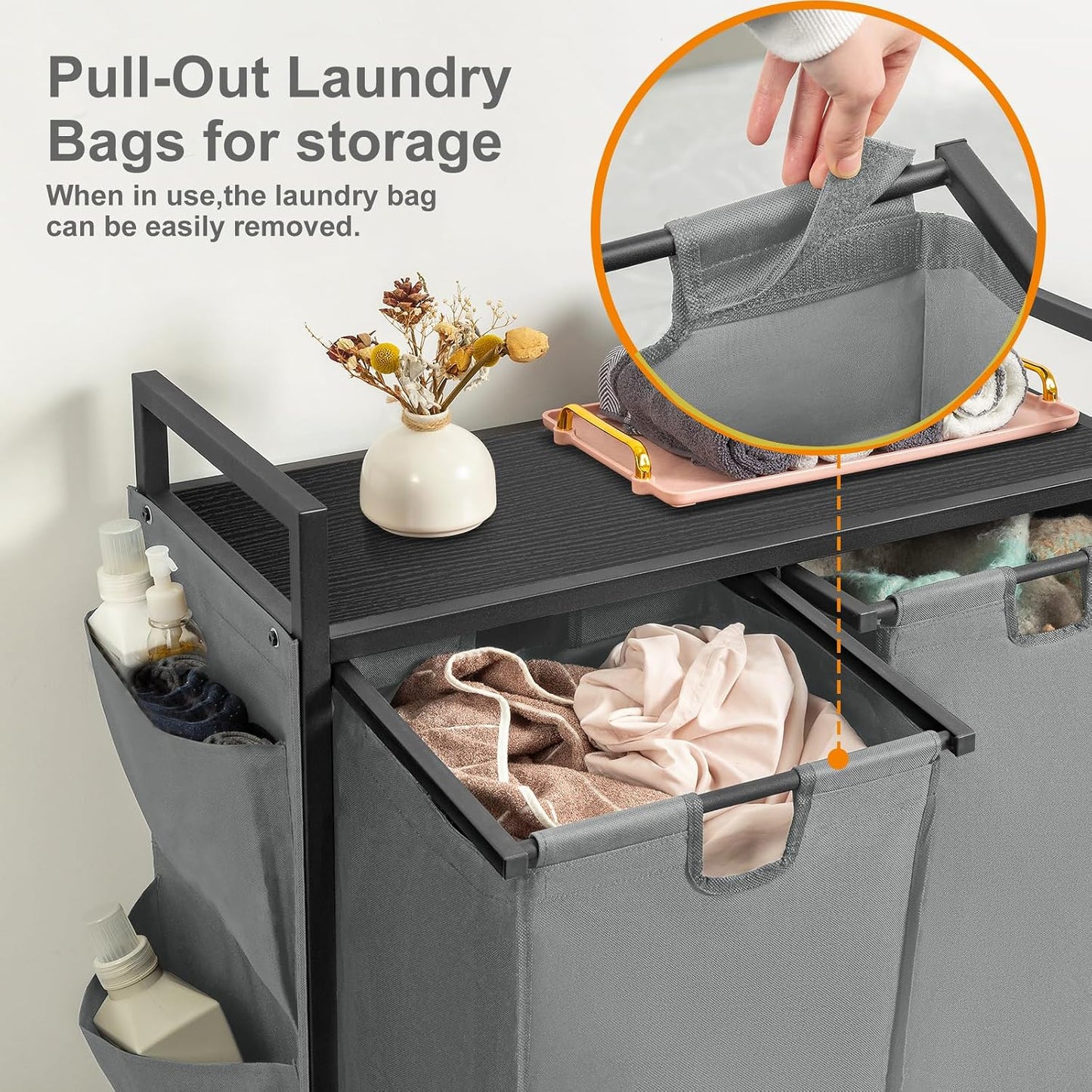 WOWLIVE Double Laundry Hamper with Wheels, Rolling Laundry Basket Organizer | Laundry Hamper 2 section with Lid, Iron-Made Laundry Sorter with Shelf, Removable Bags, Large Clothes Storage, White