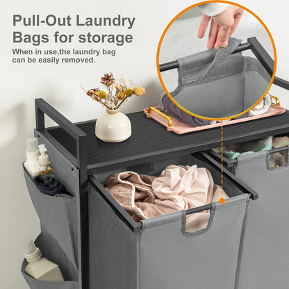 WOWLIVE Double Laundry Hamper with Wheels, Rolling Laundry Basket Organizer | Laundry Hamper 2 section with Lid, Iron-Made Laundry Sorter with Shelf, Removable Bags, Large Clothes Storage, White