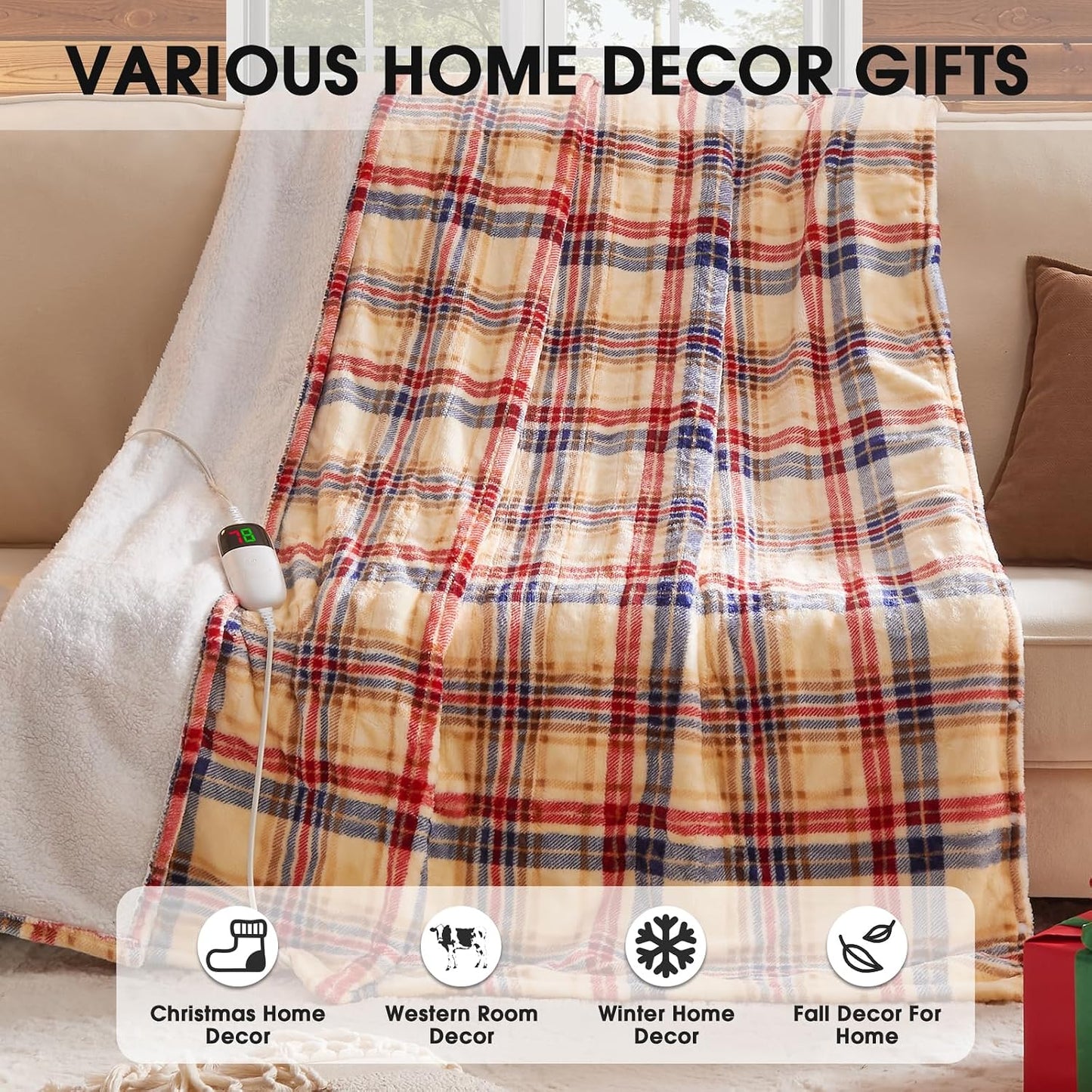 Heated Blanket Electric Throw 50X60 Heating Blanket with 10 Heating Levels 8 Hours Auto Off, Blue Plaid Sherpa Blankets Winter Warmer, Home Decor for Couch Bed Office,Gifts for Mom, Women,Washable