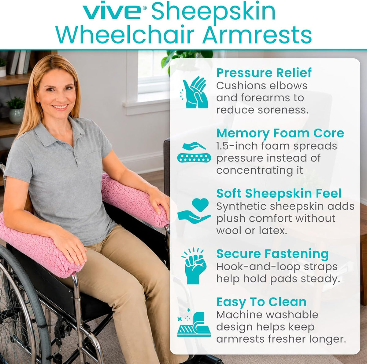 Vive Wheelchair Armrest Pads (2 PCS) - Memory Foam Sheepskin Cushion