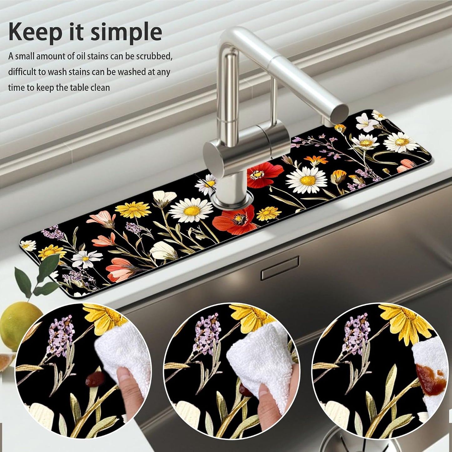 Bimkole 2 PCS Faucet Absorbent Mat, Kitchen Faucet Sink Splash Guard Wraparound Cloth Pads Drip Catcher for Sink Faucet for Kitchen Bathroom Faucet, Colorful Faucet Mat, 15 x 4 Inch Flower A6