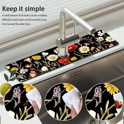 Bimkole 2 PCS Faucet Absorbent Mat, Kitchen Faucet Sink Splash Guard Wraparound Cloth Pads Drip Catcher for Sink Faucet for Kitchen Bathroom Faucet, Colorful Faucet Mat, 15 x 4 Inch Flower A6
