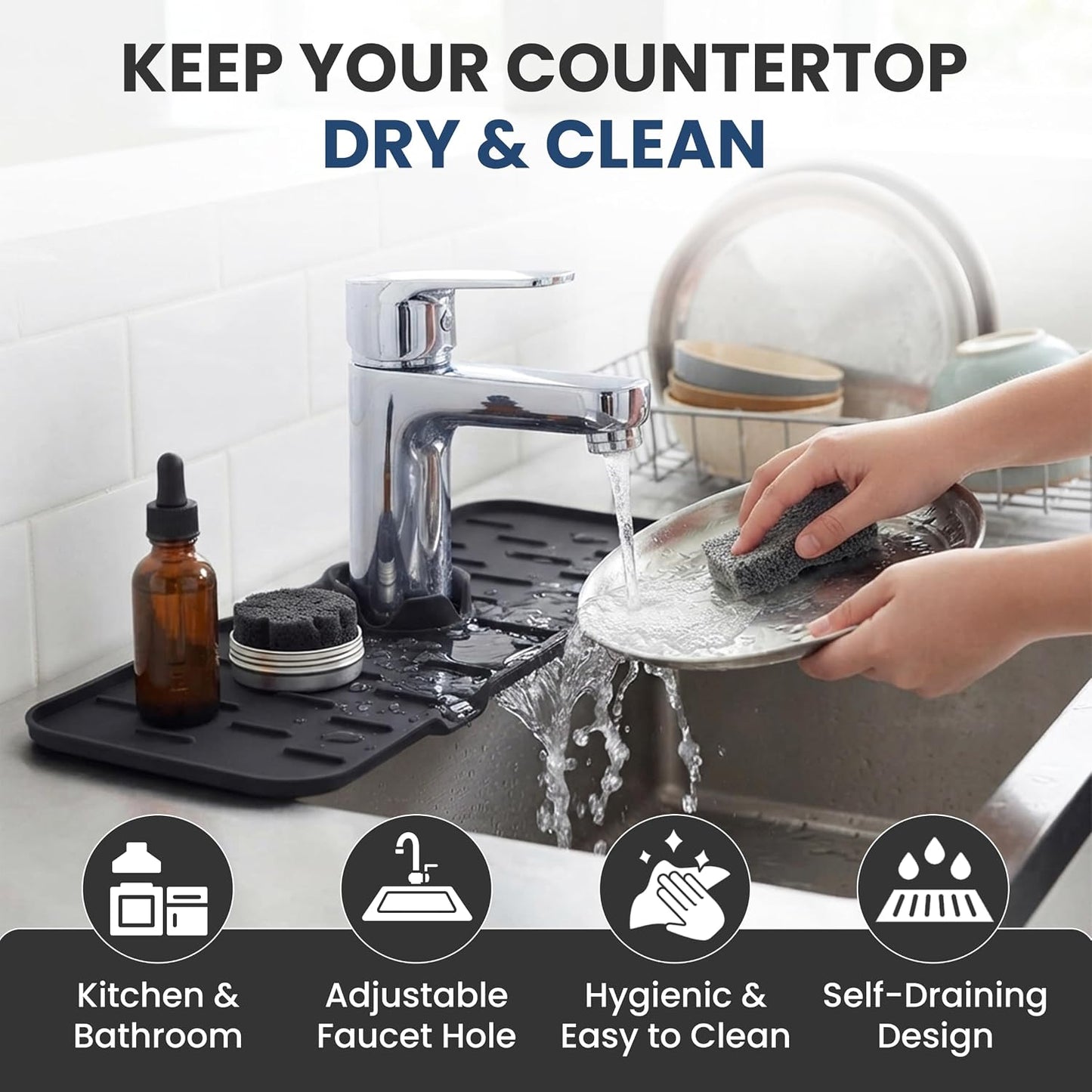 Faucet Splash Guard Mat for Kitchen Sink, Gray & Black, Set of 2 | TPR Drain Pad, Adjustable Center Hole, Self-Draining, Non-Slip, Fits 1.5"–2.5" Base