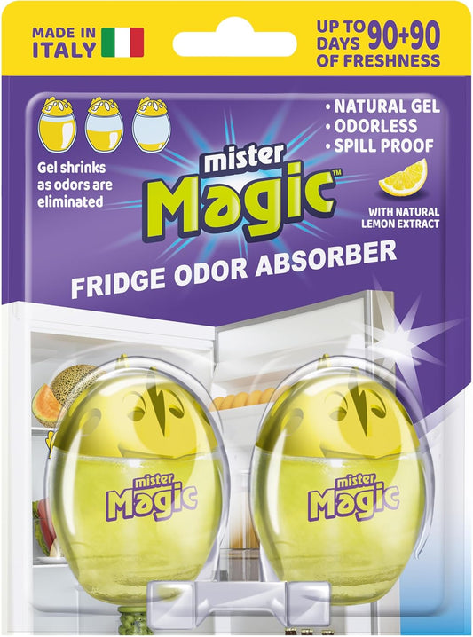 Mister Magic Refrigerator Odor Absorber – Natural Lemon Formula Gel, Odorless Fridge Deodorizer, Neutralizes Food Odors, Lasts Up to 90 Days, Safe for Food, Kitchen Supplies (1 Pack, Contains 2 Units)