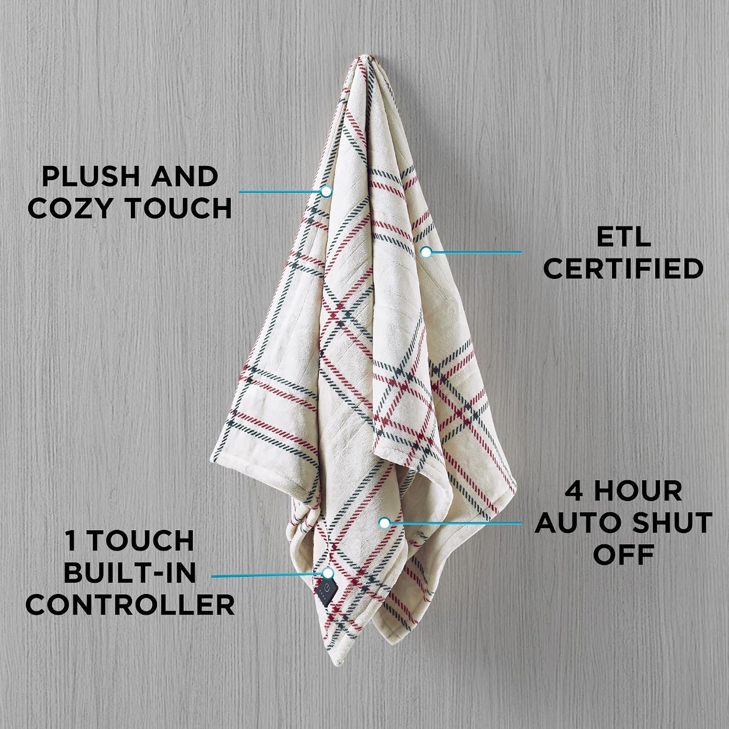 Brookstone Electric Heated Plush Throw - Heated Blankets - 4 Heat Settings, 4-Hour Auto Shut Off, 100% Polyester, 50"x60" - Blue Trellis