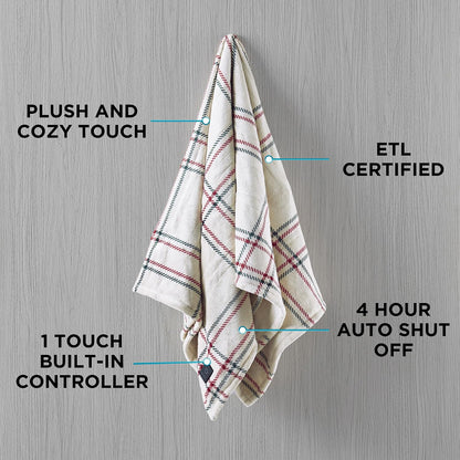 Brookstone Electric Heated Plush Throw - Heated Blankets - 4 Heat Settings, 4-Hour Auto Shut Off, 100% Polyester, 50"x60" - Blue Trellis