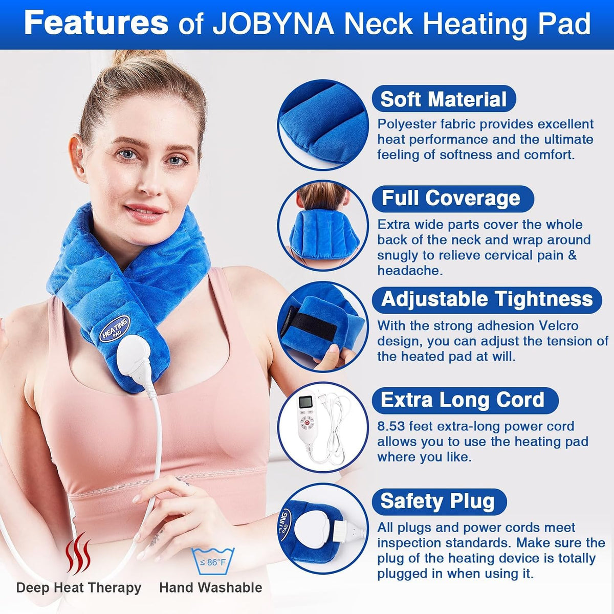 JOBYNA Heating Pad for Neck, Hands-Free Electric Heated Neck Wrap for Pain Relief, 29"×8'' Neck Heat Pad with 8.53ft Power Cord, Auto Shut Off,Size/Temperature/Time Adjustable（Navy）