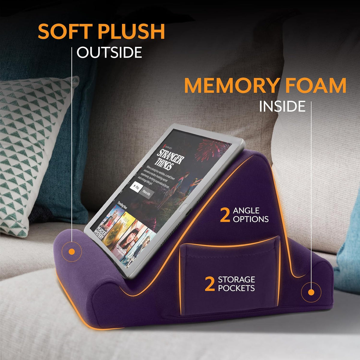 Brookstone Tablet Lap Cushion - Tablet/Phone/Ebook Holder for Bed, Flights, and Travel, Memory Foam Lap Desk for Reading and Hands Free Viewing, Compatible iPad and Kindle Accessories, Grey
