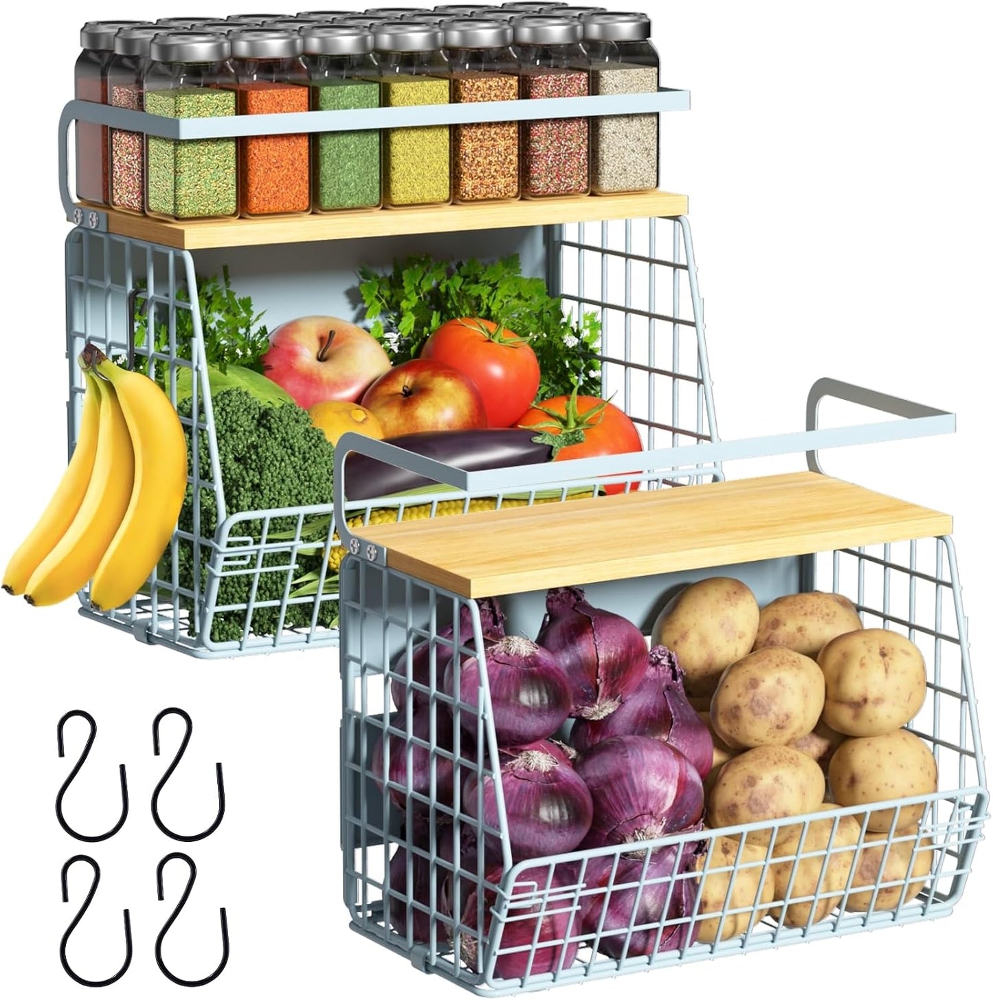 Magnetic Shelf for Fridge with Wood Lid, Fruit Potato and Onion Storage Bins, Pantry Organizers & Storage, Large Container Magnetic Spice Rack for Refrigerator, Kitchen Counter, Cabinet | Strong magnet holds 50lbs, ventilated bin for produce, versatile
