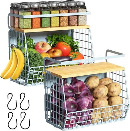 Magnetic Shelf for Fridge with Wood Lid, Fruit Potato and Onion Storage Bins, Pantry Organizers & Storage, Large Container Magnetic Spice Rack for Refrigerator, Kitchen Counter, Cabinet | Strong magnet holds 50lbs, ventilated bin for produce, versatile