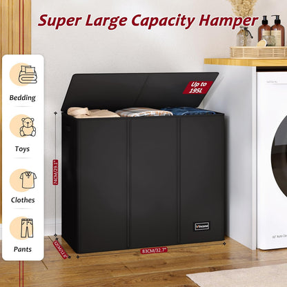 195L Laundry Hamper 3 Section,Large Laundry Hamper with Lid,Dirty Clothes Hamper with 3 Inner Bags,Collapsible Laundry Basket Organizer for Laundry Room,Bedroom,Laundry Sorter Hamper 3 Compartment