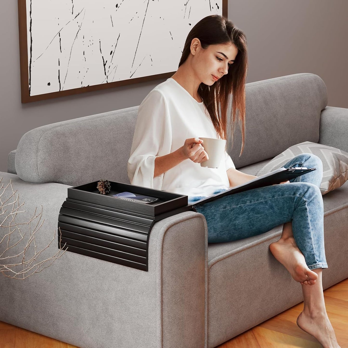Bestjing Bamboo Sofa Armrest Tray - Couch Arm Tray with Detachable Couch Cup Holder - 2 in 1 Anti-Slip Foldable Sofa Armchair Caddy Table for Drinks Cellphone TV Remote Snacks