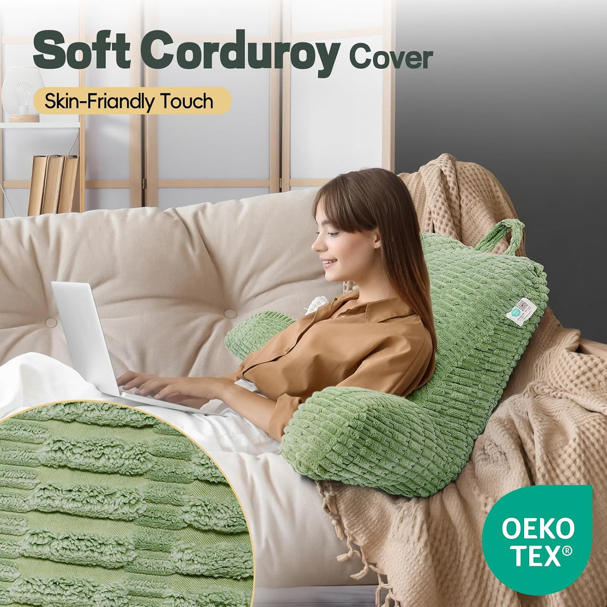 21" Higher Large Reading Pillow for Bed Adult, Back Pillow for Bed Sitting Up with Memory Foam Back Support with Arms Rest for Couch Chair Gray