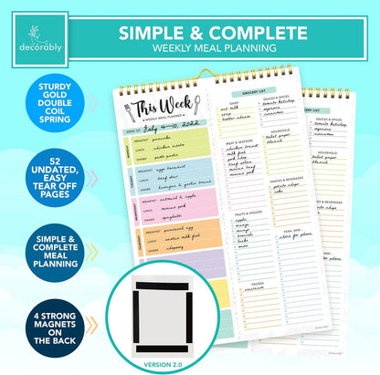 Decorably 52 Sheets Pastel Rainbow Undated Magnetic Weekly Meal Planner | 8.5x11in Grocery List Notepad Meal Planner with 4 Strong Magnets - Spring-Bound, Refrigerator Mountable, Easy Tear-Off Design