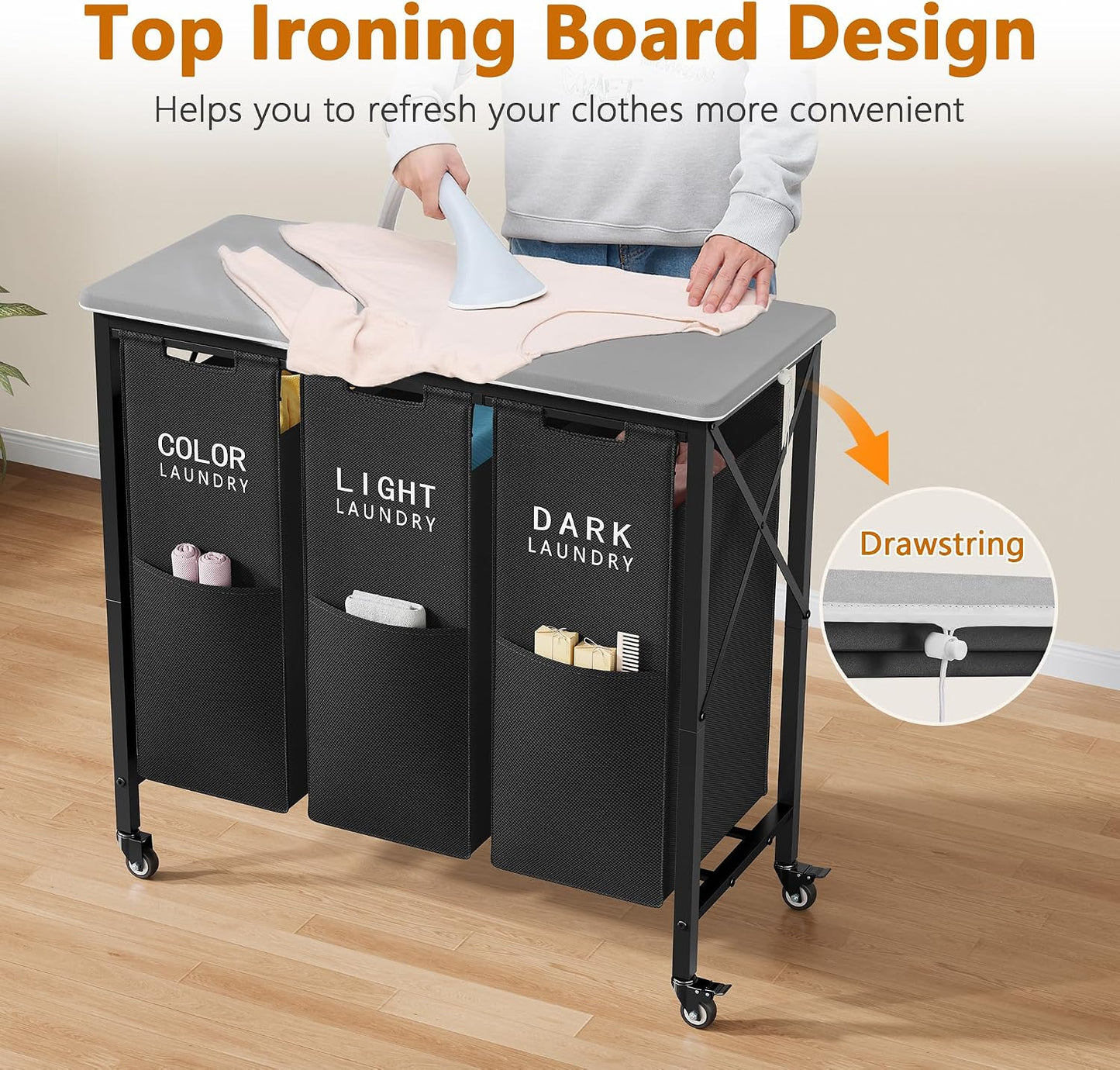 Gewudraw 3 Section Laundry Sorter with Ironing Board, Black | Laundry Sorter with Removable Bags, Heavy-Duty Rolling Laundry Cart, Lockable Wheels, For Bathroom, Bedroom