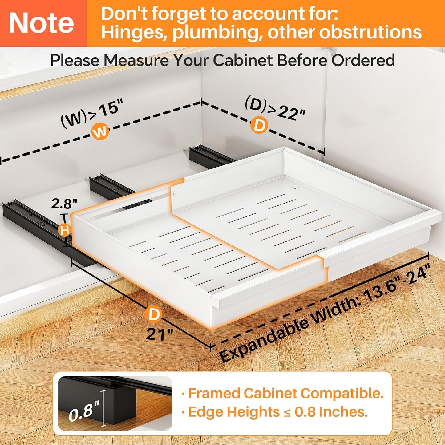 Pull out Cabinet Organizer, 1-Pack Expandable(13.6"-24") Silde out Drawers with Raising Pad for Framed Cabinets, Adjustable Full-Extension Adhesive Roll out Shelves for Kitchen Pantry Home Pot and Pan