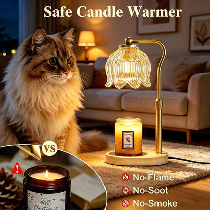 CASTLELIFE Electric Candle Warmer Lamp with Timer & Dimmer, Height Adjustable Wax Warmer for Jar Candles, Flower Wax Melter with Wood Base, Home Decor House Warming Gifts for Women Mom, Natural Wood