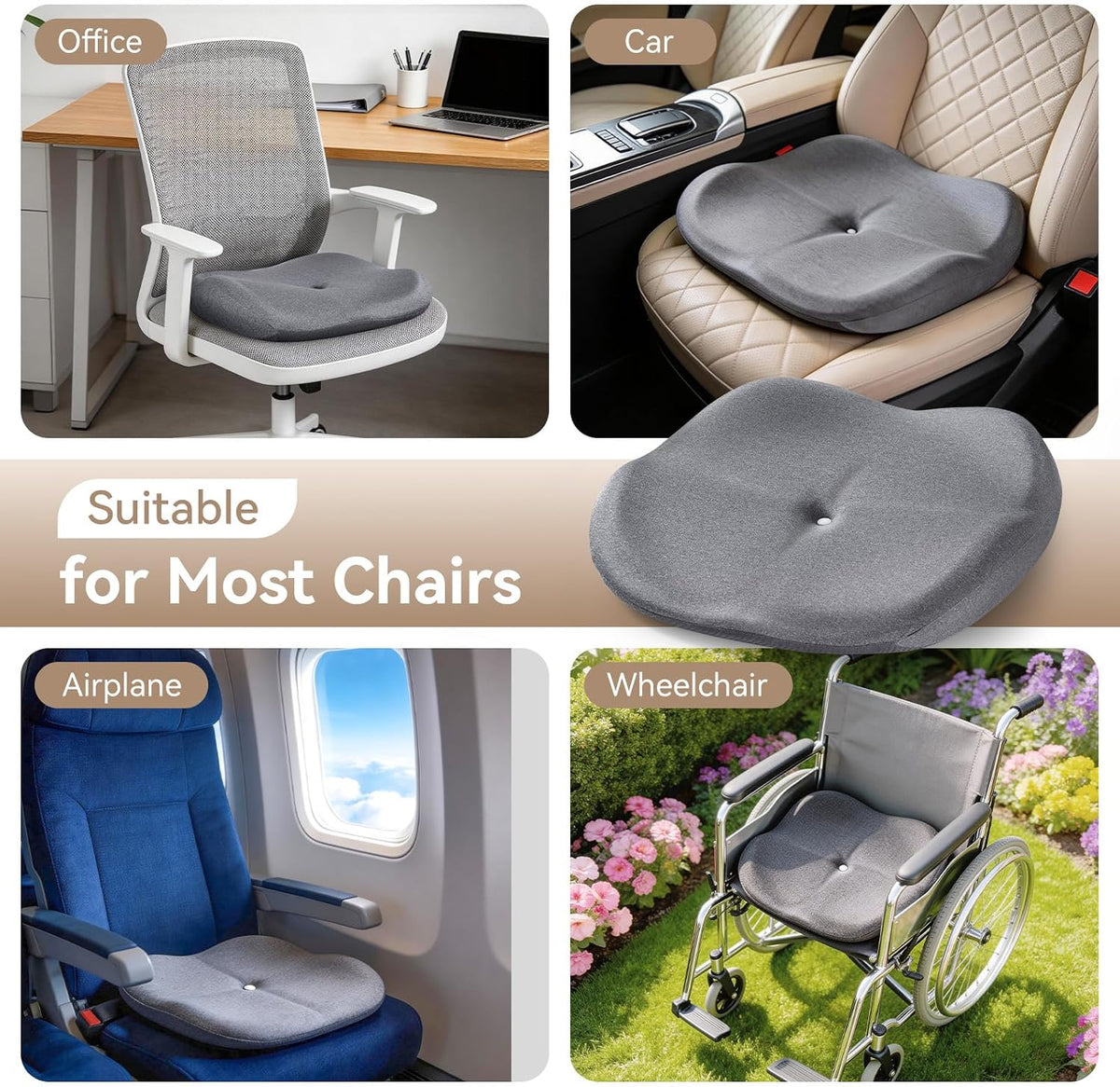 Memory Foam Seat Cushion with Pressure Relief for Office Chair, Car, Wheelchair, and Sofa, Doctor Recommended Orthopedic Cushion for Tailbone Pain, Sciatica, Hip Back Support, Non Slip, Grey