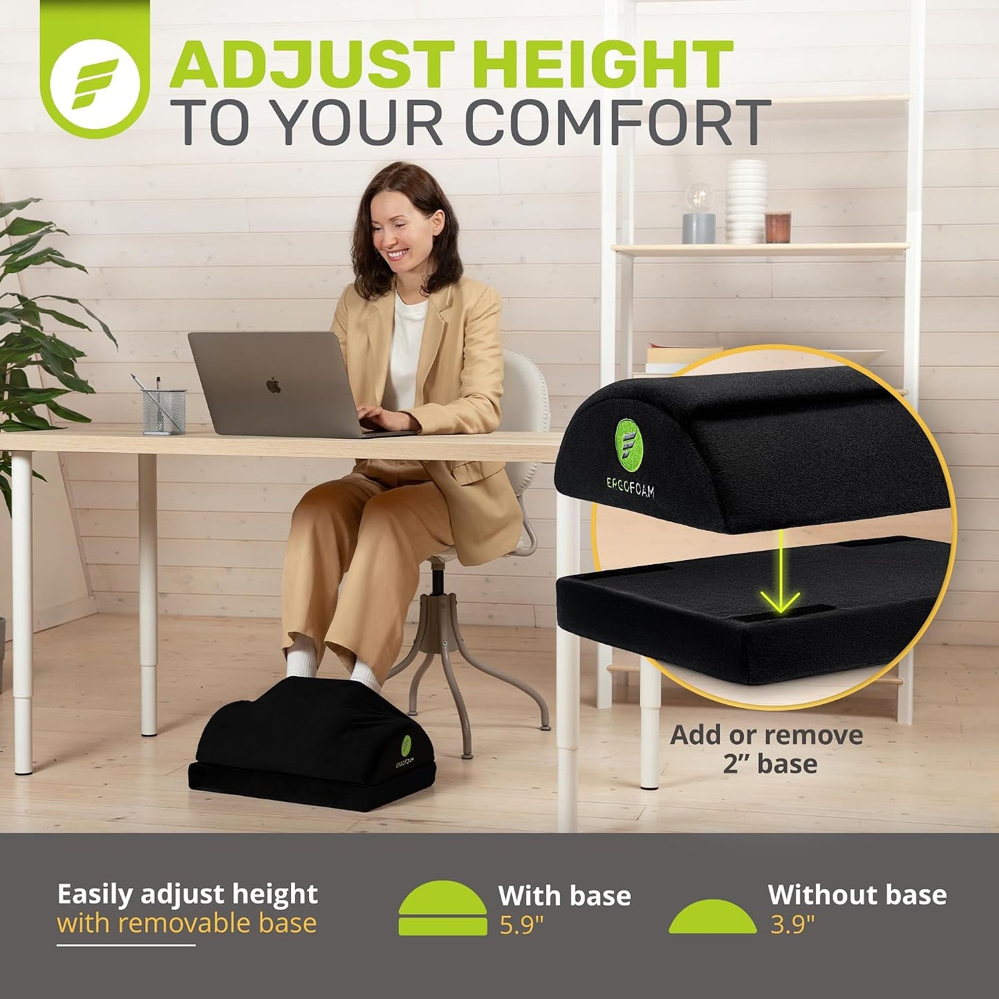 ErgoFoam Foot Rest for Under Desk at Work Adjustable - Chiropractor-Endorsed, High-Density Foam, Velvet (Black)