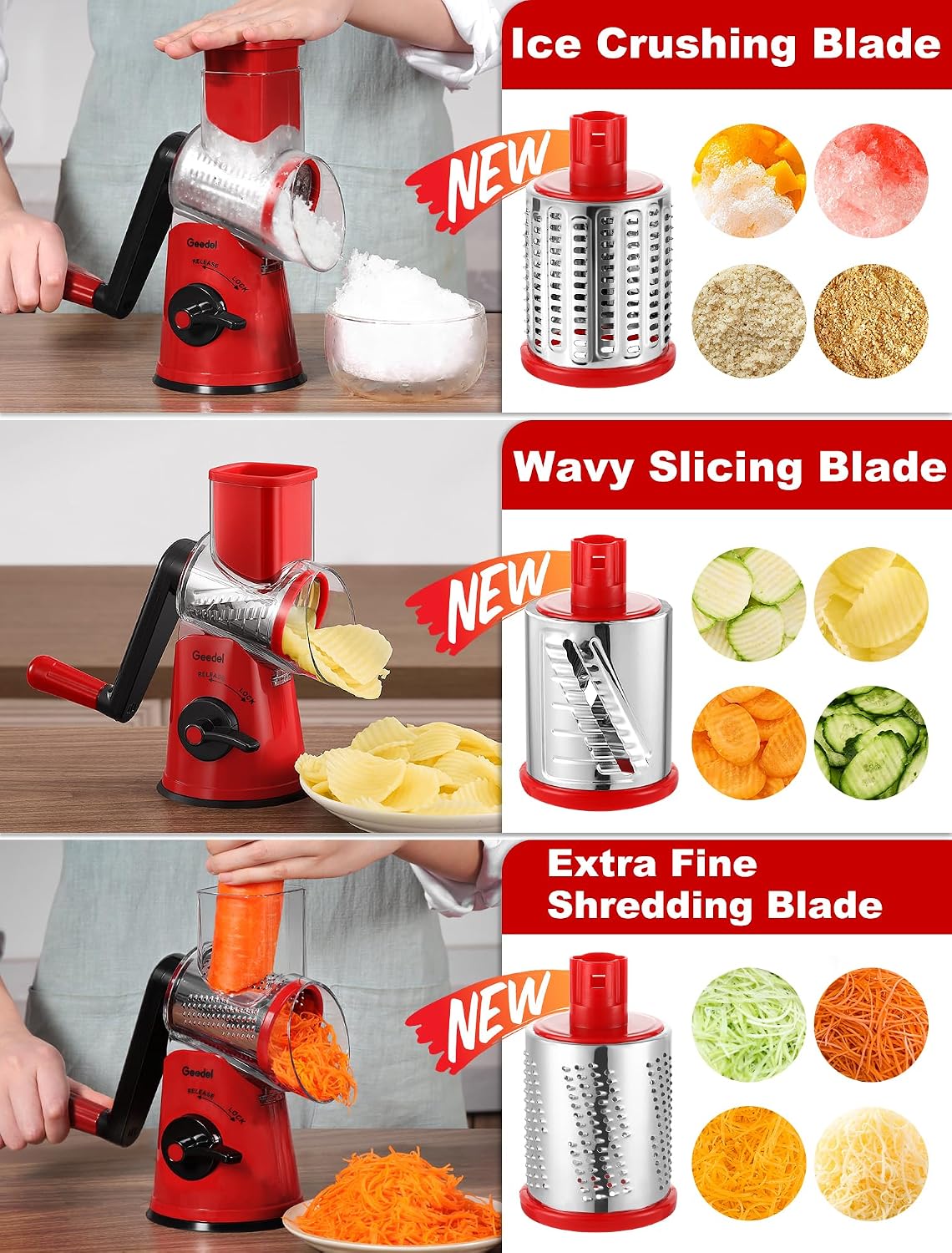 Geedel Rotary Cheese Grater, Kitchen Mandoline Vegetable Slicer with 3 Interchangeable Blades, Easy to Clean Rotary Grater Slicer for Fruit, Vegetables, Nuts | 3 Blades, 430 Stainless Steel, 12x Fast Cutting, Strong Suction Base, No BPA, Dishwasher Safe,