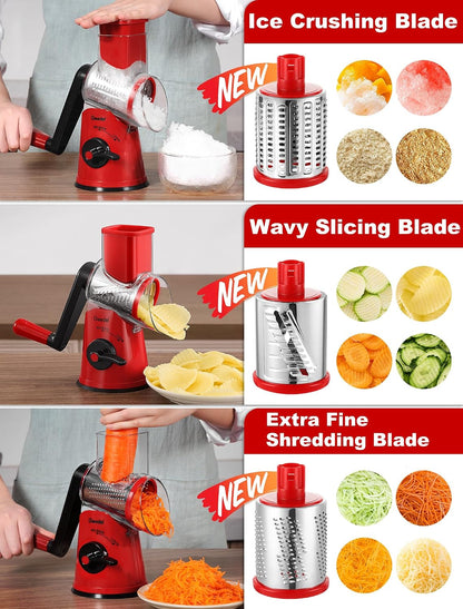 Geedel Rotary Cheese Grater, Kitchen Mandoline Vegetable Slicer with 3 Interchangeable Blades, Easy to Clean Rotary Grater Slicer for Fruit, Vegetables, Nuts | 3 Blades, 430 Stainless Steel, 12x Fast Cutting, Strong Suction Base, No BPA, Dishwasher Safe,