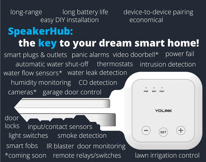 YoLink Smart Home Starter Kit: SpeakerHub & Water Leak Sensor 4 with 105dB Audio Alarm 1-Pack, SMS/Text, Email & Push Notifications, Freeze Warning, LoRa Up to 1/4 Mile Open-Air Range, w/Alexa, IFTTT