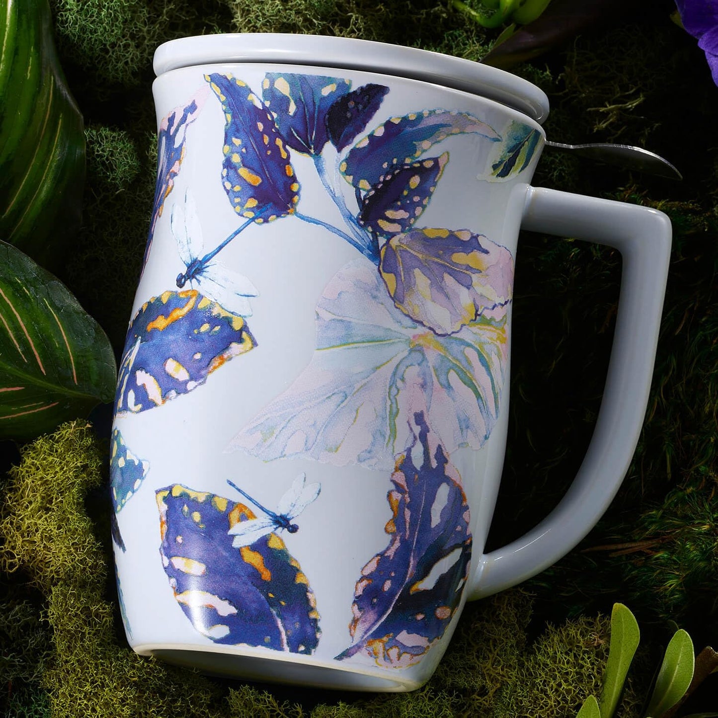 Tea Forte Ceramic Fiore Tea Cup with Infuser, Blue Agave, 14 oz | Insulated Ceramic - Stainless Steel Loose Leaf Infuser - Keeps Tea Hot Longer - Lid Included - Microwave & Dishwasher Safe