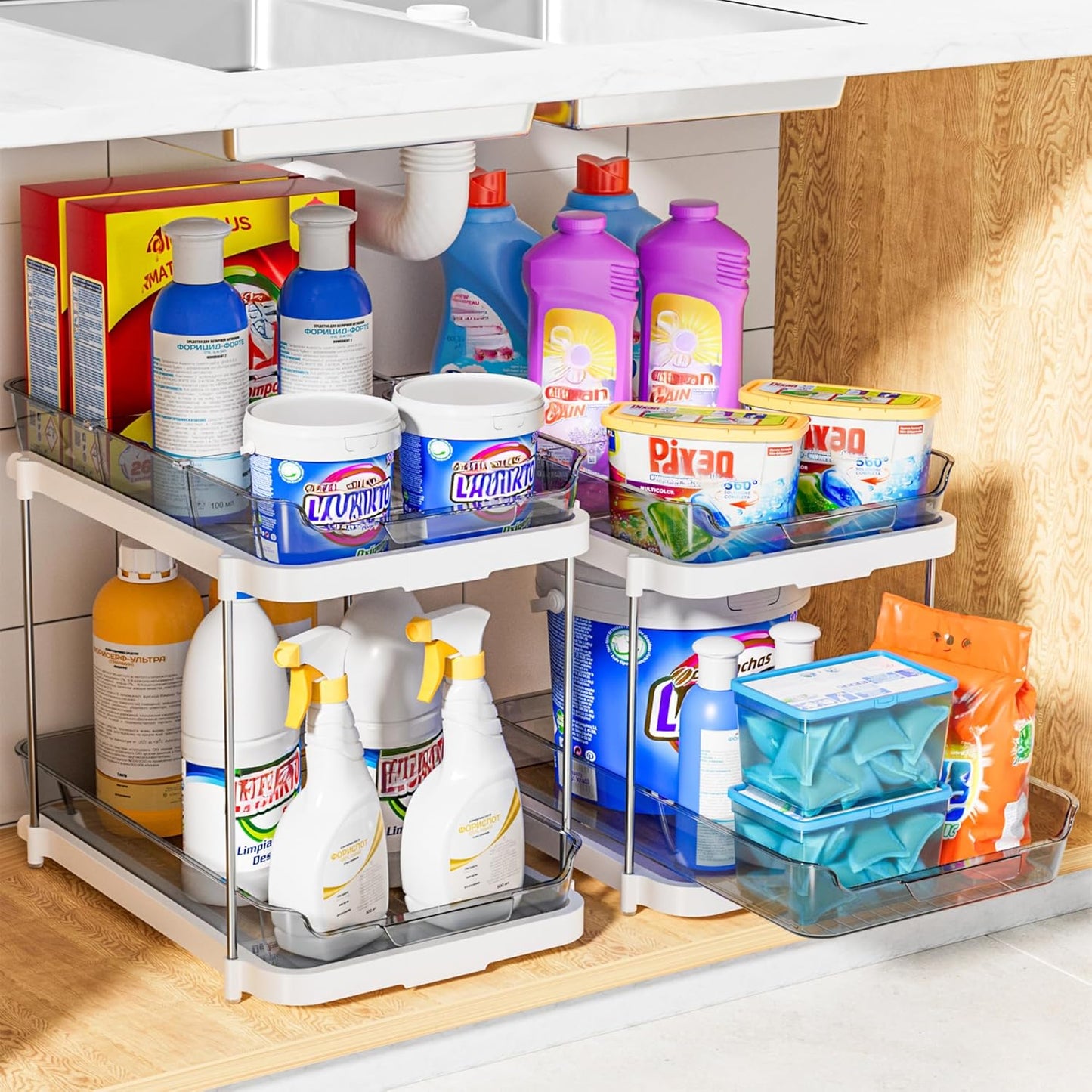 Delamu 2-Tier Multi-Purpose Bathroom Under Sink Organizers and Storage, Stackable Kitchen Pantry Organization, Pull Out Medicine Cabinet Organizer with Movable Dividers, White, 2 Pack