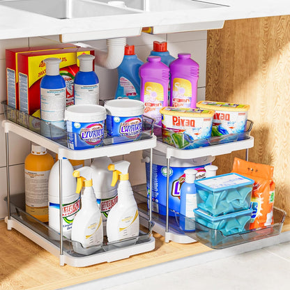 Delamu 2-Tier Multi-Purpose Bathroom Under Sink Organizers and Storage, Stackable Kitchen Pantry Organization, Pull Out Medicine Cabinet Organizer with Movable Dividers, White, 2 Pack