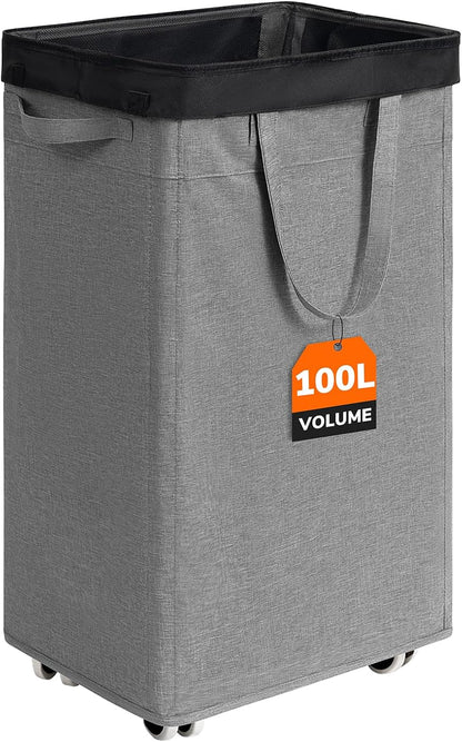 CHICVITA 75L Large Rolling Laundry Basket with Wheels & Wash Bag, Grey | Collapsible design saves space for corner dorms. Removable wash bag for easy laundry transport
