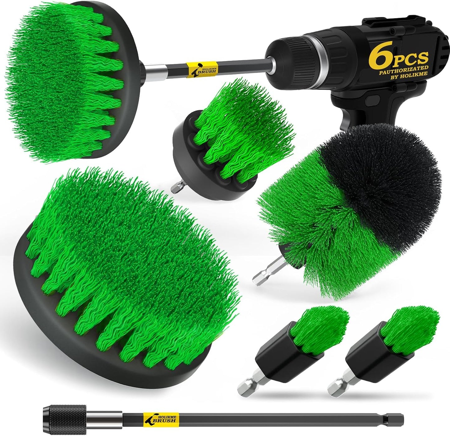 Holikme 6Pc Drill Brush Set - Soft Bristles with Extension for Home Clean | 5 Head Sizes, Yellow Nylon Fibers, Power Scrubber Attachments for Tile, Tub, Shower, Floors, Kitchen and Auto Interior Care