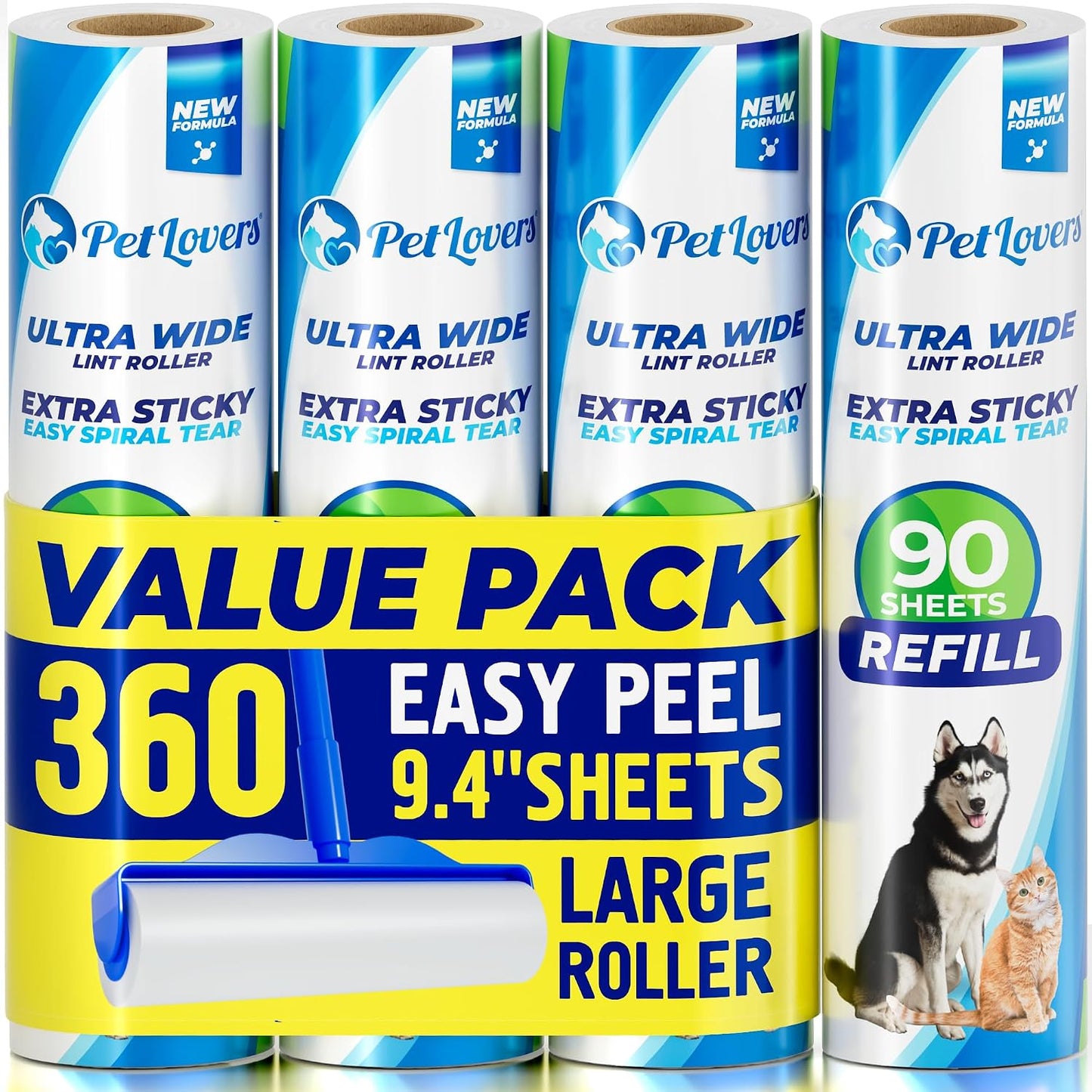 PetLovers Extra Sticky Lint Roller Mega Value Set 450 Sheets for Pet Hair Removal and Clothes, Dog and Cat Lint Remover 5 Pack