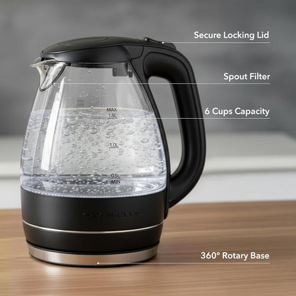 OVENTE 1.5L Glass Electric Kettle Water Boiler, Black KG83B | 1100W Fast Boiling, Borosilicate Glass, BPA-Free, Blue LED, Auto Shut-Off, Boil-Dry Protection, Removable Filter, 360° Base