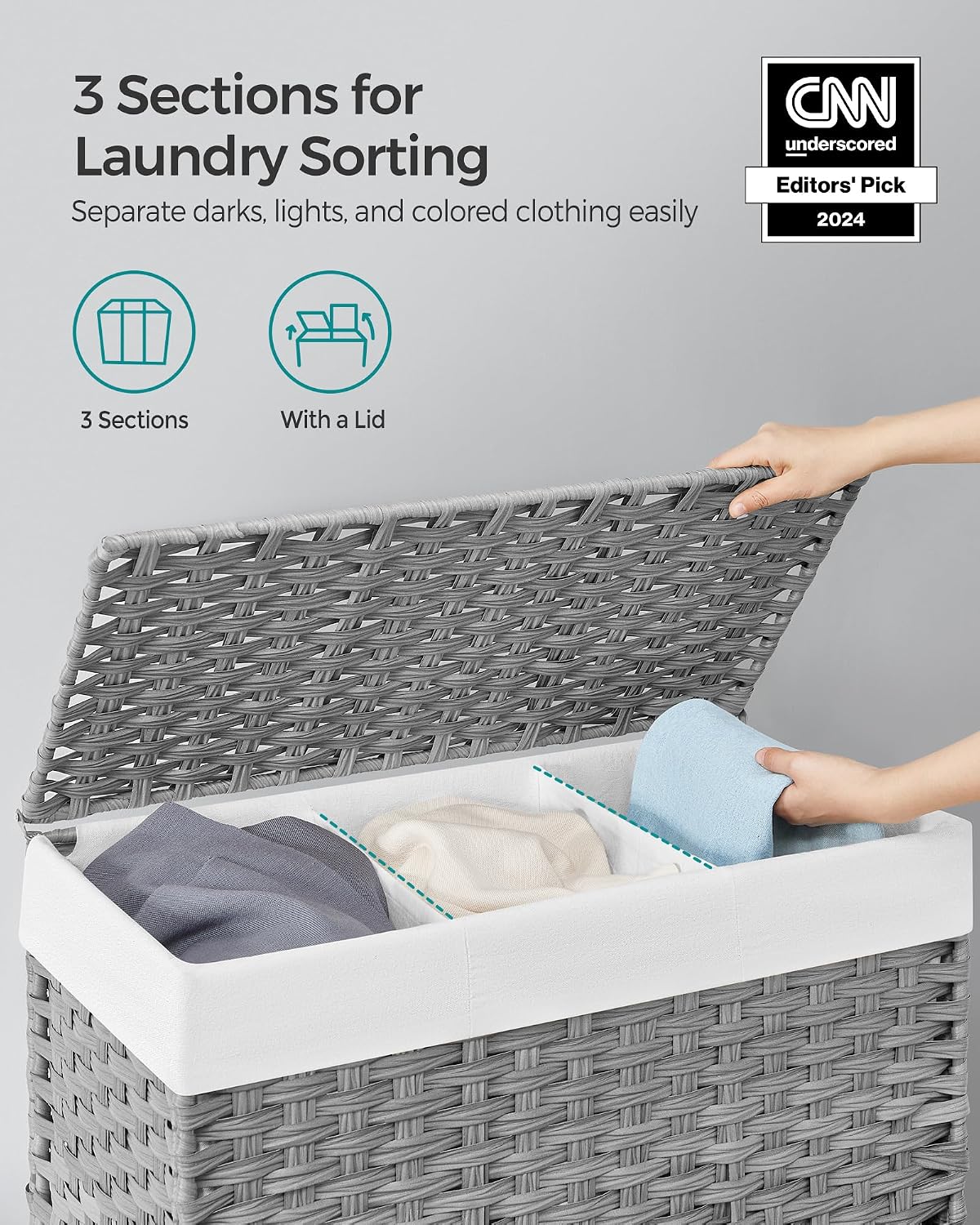 SONGMICS Laundry Hamper with Lid, 42.3 Gallons (160 L), Rolling Laundry Basket with Wheels, 3-Section Synthetic Rattan, Removable Liner, Bedroom, 29.9 x 13 x 26 Inches, Natural ULCB365N01