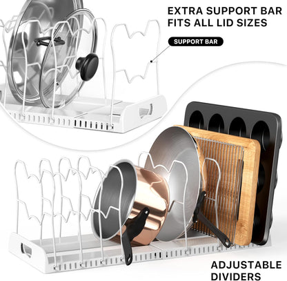 Simple Houseware Expandable Pan Rack 10 Adjustable Compartments, White | Kitchen Cabinet Organizer for Pots, Pans, Lids & Bakeware - Pantry & Countertop Storage