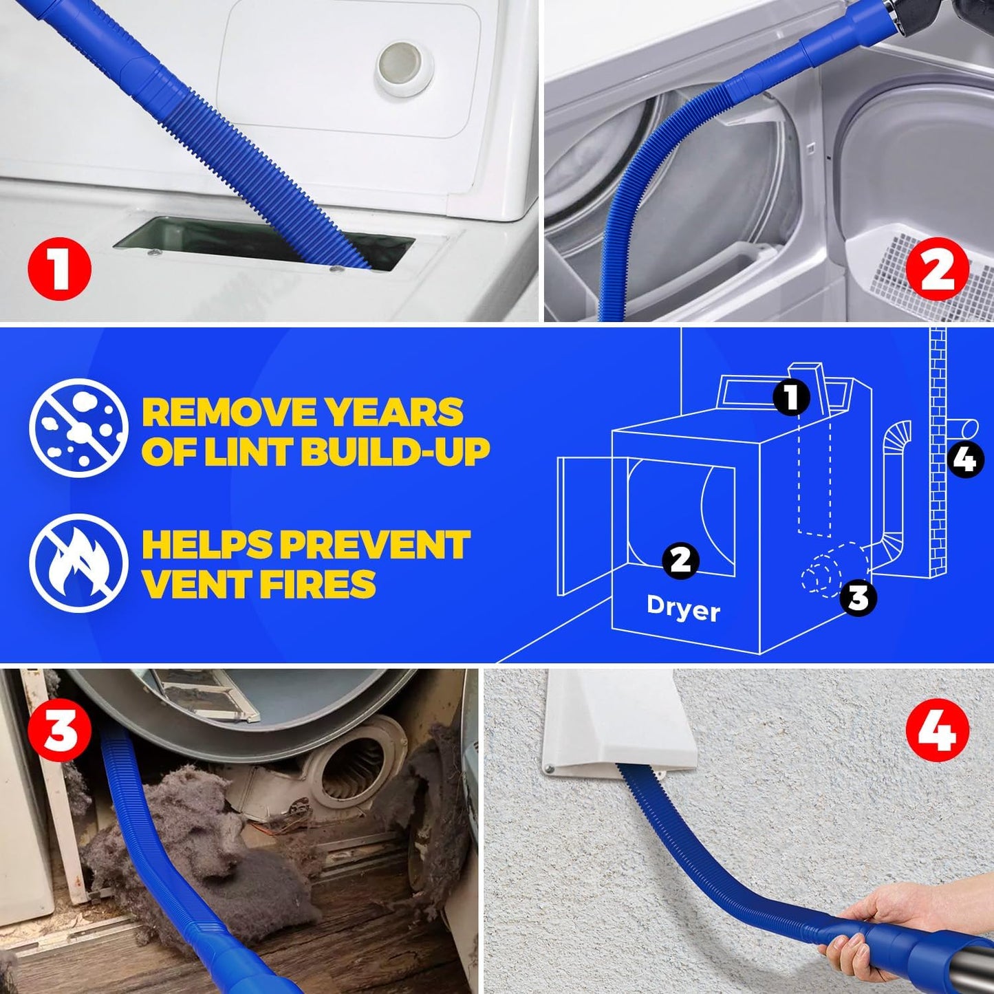 Holikme Dryer Vent Cleaner Kit 2Pack - Lint Vacuum Attachment & Brush | Blue Dryer Vent Vacuum Hose Attachment & Brush Reach Deep Traps - Remove Hidden Lint, Speed Drying & Reduce Fire Risk