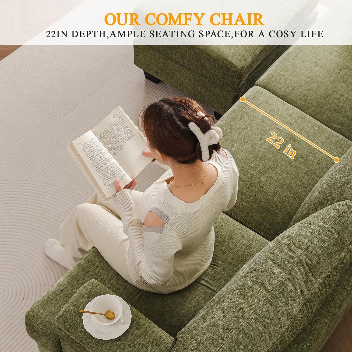 85'' L Shaped Couch with Armrest Organizer,Sectional,Movable Ottoman,Khaki | Comfy Sectional Sofa with Thick Cushion,3 Seats Sofas,Sectional Couches for Living Room,Bedroom,Apartment,Chenille