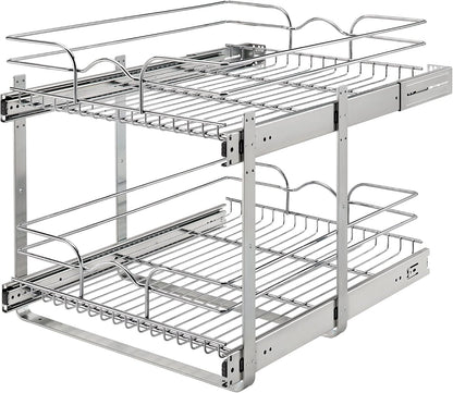 Rev-A-Shelf Pullout Organizer for Cabinets, Min Opening Width of 18" | STwo-Tier Steel Shelf for Kitchen or Vanity Cabinet Organization, Heavy Gauge Wire Slide Out Storage Basket, 5WB2-1822CR-1