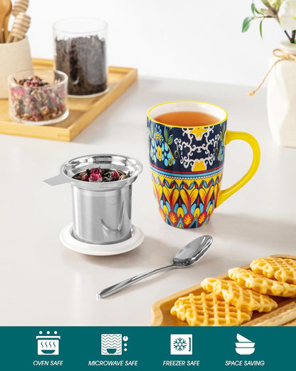vancasso 18 Oz Tea Infuser Mug with Lid, Mint Petal Whirl | Eye catching Bohemian pattern, adds charm to any tea corner, ceramic mug with infuser, microwave and dishwasher safe