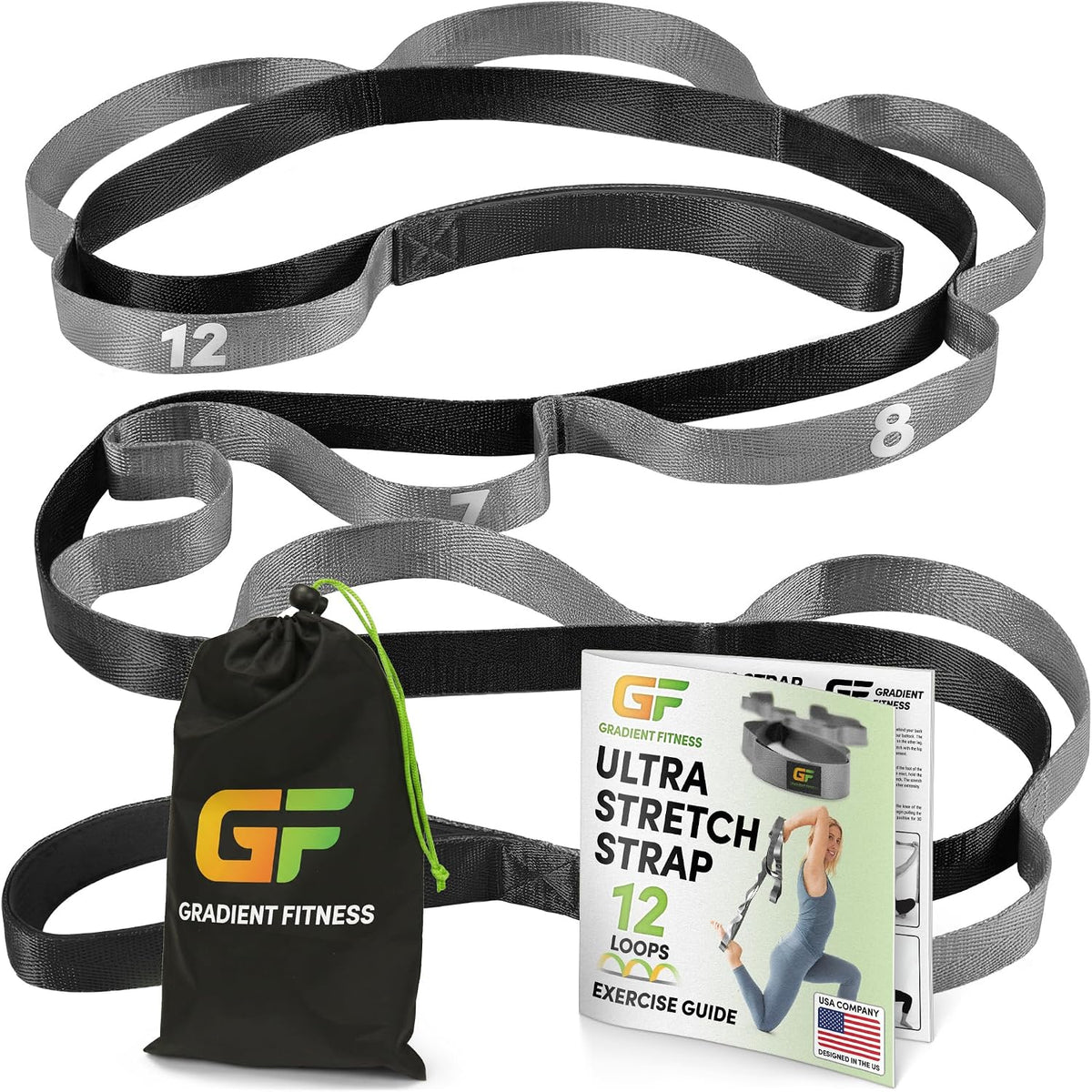 Gradient Fitness Stretching Strap for Physical Therapy, 12 Multi-Loop Stretch Strap 1" W x 8' L, Neoprene Handles, Physical Therapy Equipment, Yoga Straps for Stretching, Leg Stretcher.