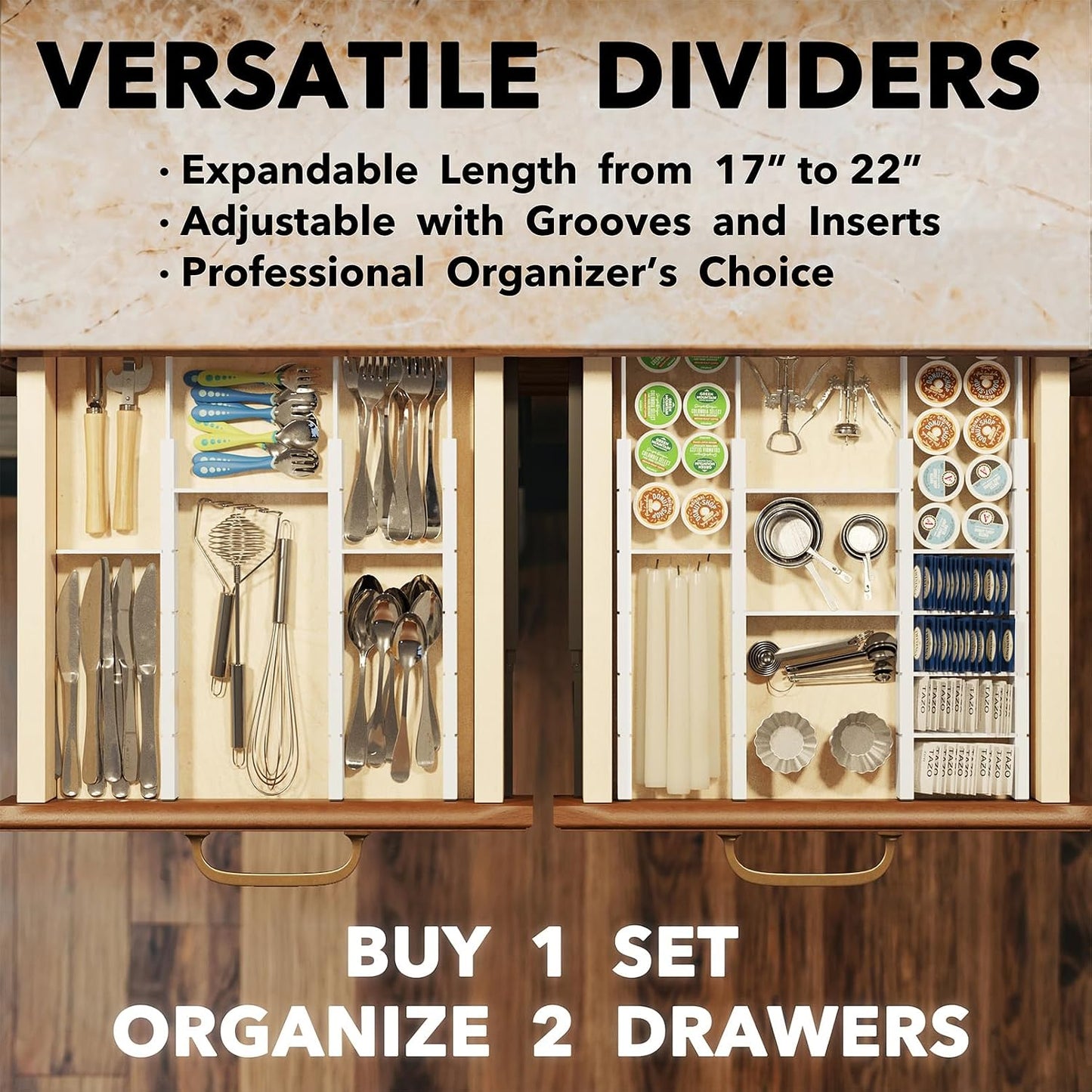 SpaceAid Bamboo Drawer Dividers with Inserts and Labels, Kitchen Adjustable Drawer Organizers, Expandable Organization for Home, Office, Dressers, 4 Dividers with 9 Inserts (17"-22" Natural)