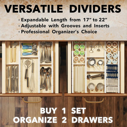 SpaceAid Bamboo Drawer Dividers with Inserts and Labels, Kitchen Adjustable Drawer Organizers, Expandable Organization for Home, Office, Dressers, 4 Dividers with 9 Inserts (17"-22" Natural)