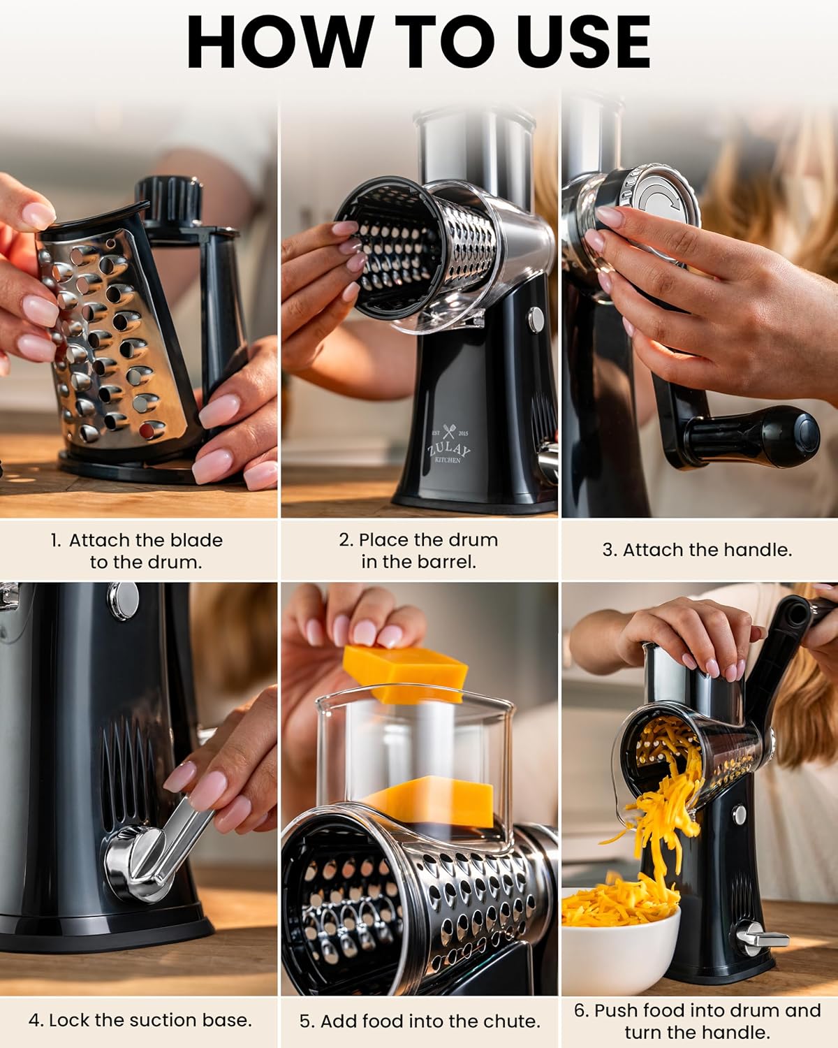 Zulay Kitchen Rotary Cheese Grater 5 Blade Cheese Shredder - Manual Hand Crank Cheese Grater With Reinforced Suction & 5 Interchangeable Drums - Easy to Use, Vegetable Chopper Round Mandoline Slicer - Colors A