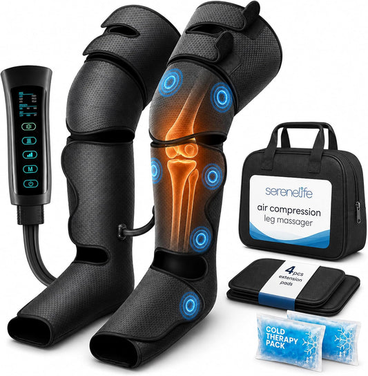 SereneLife Air Compression Leg Massager, Full Leg Massager with Heat and Compression, Ice Pack, Portable and Adjustable with 6 Modes 3 Vibrations 3 Intensities, 11 Airbags for Thigh Calf Foot Massage