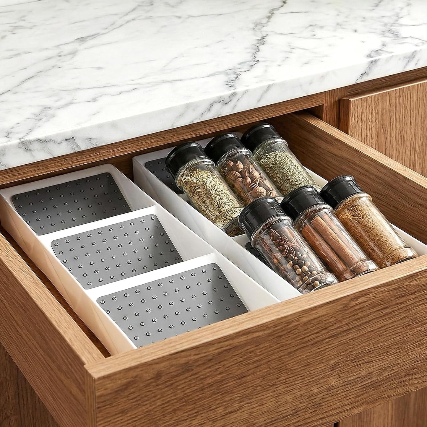 2 Pcs Spice Drawer Organizer Plastic, Drawer Spices Organizer, 3 Tier Kitchen Cabinet Seasoning Rack, White Gray, for Spice Jars, Essential Oils, Cosmetics, Office Supplies, Pantry Storage