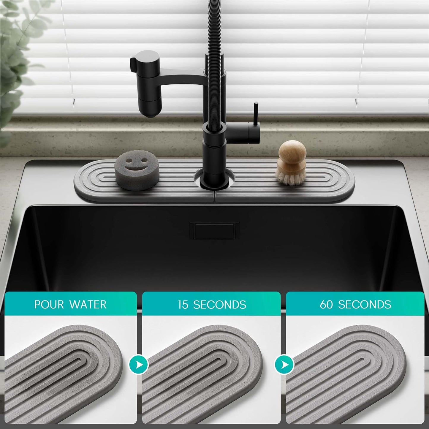 Stone Faucet Mat for Kitchen Sink – Diatomite Fast-Drying Stone Tray, Faucet Mat Sink Splash Guard, Decorative Sink Protector for Kitchen Bathroom Counter (Light Grey, 20''x3.9'')