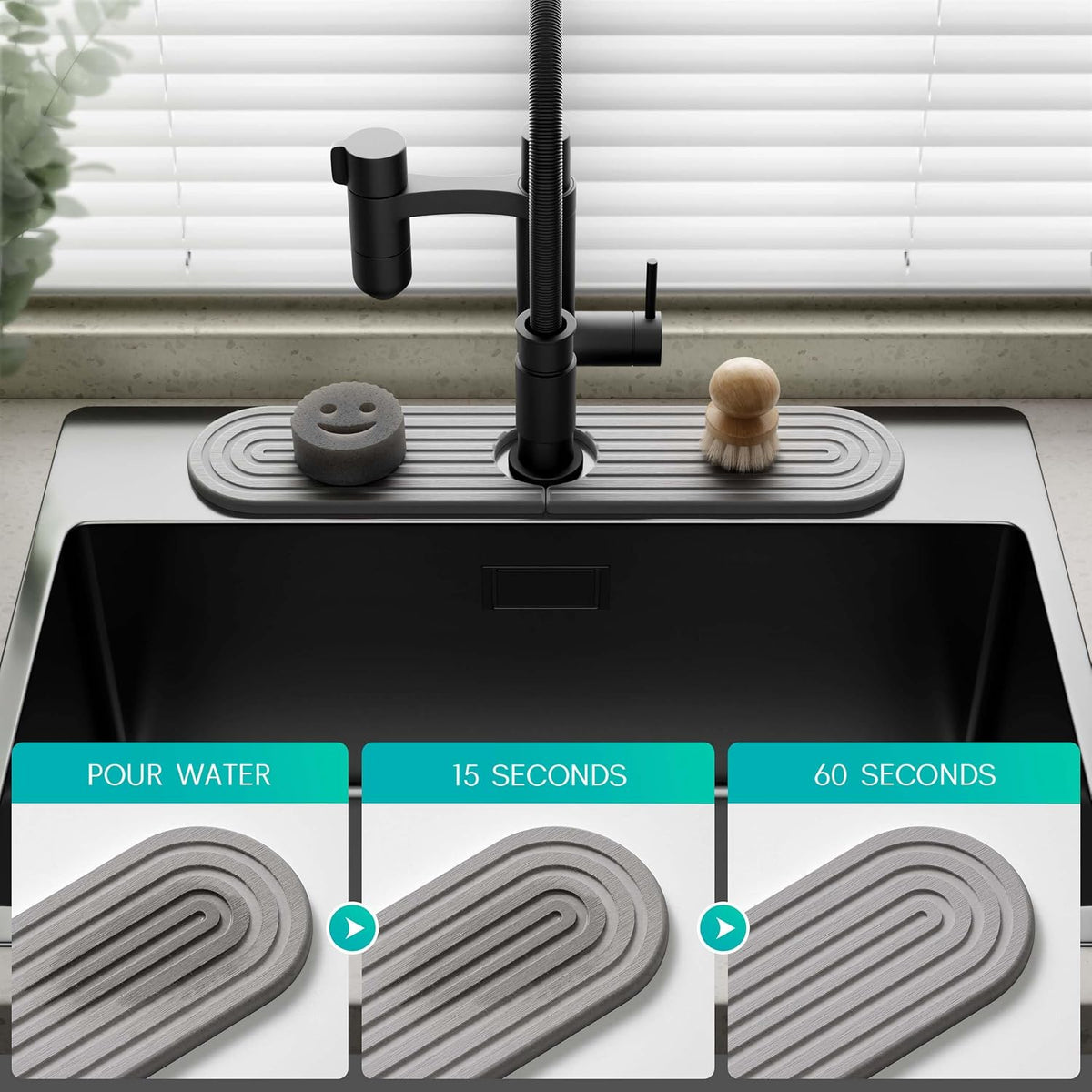 Stone Faucet Mat for Kitchen Sink – Diatomite Fast-Drying Stone Tray, Faucet Mat Sink Splash Guard, Decorative Sink Protector for Kitchen Bathroom Counter (Light Grey, 20''x3.9'')