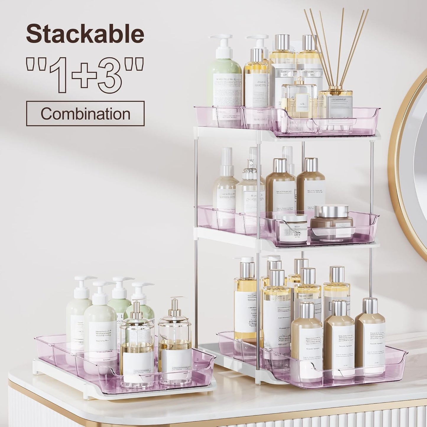 Delamu 2-Tier Multi-Purpose Bathroom Under Sink Organizers and Storage, Stackable Kitchen Pantry Organization, Pull Out Medicine Cabinet Organizer with Movable Dividers, White, 2 Pack