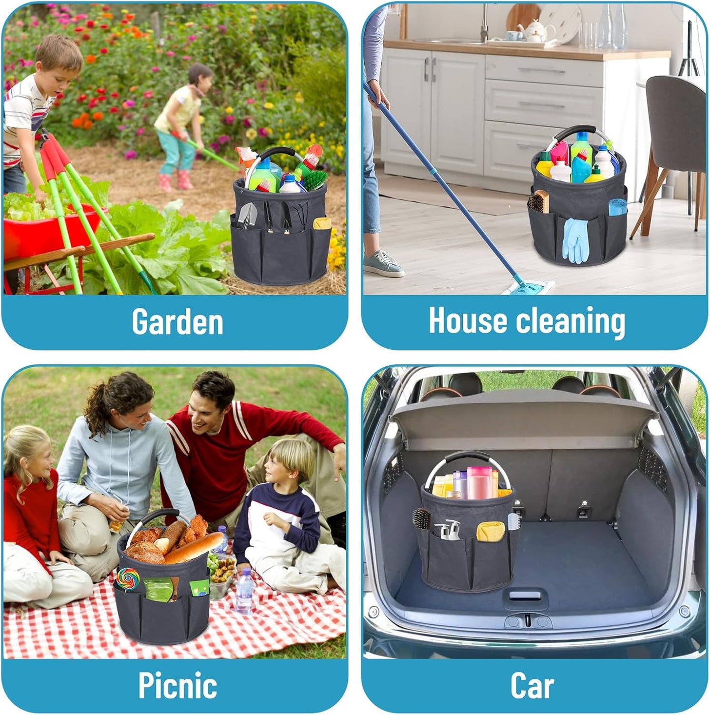 Qivine 17L Cleaning Caddy with Handle, Foldable Cleaning Supply Caddy(Blue) | Cleaning Caddy for Cleaning Supplies, Portable Cleaning Supplies Organizer with 6 Pockets, Cleaning Bucket for Kitchen Garden